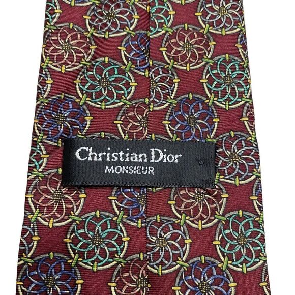 Christian Dior Tie Men's Necktie Silk Maroon Circles Made in USA - Picture 4 of 7